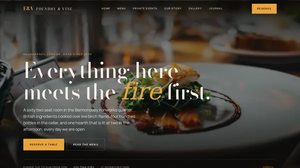 Foundry & Vine homepage: Wood-fire restaurant, London website designed by GoWebsited
