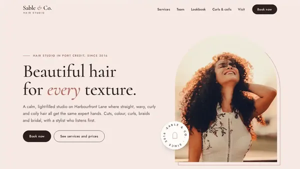 Sable & Co. Hair Studio homepage: Hair salon, Mississauga website designed by GoWebsited