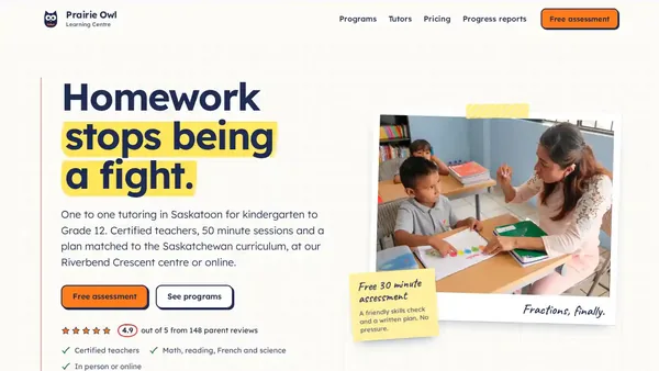Prairie Owl Learning Centre homepage: Tutoring centre, Saskatoon website designed by GoWebsited